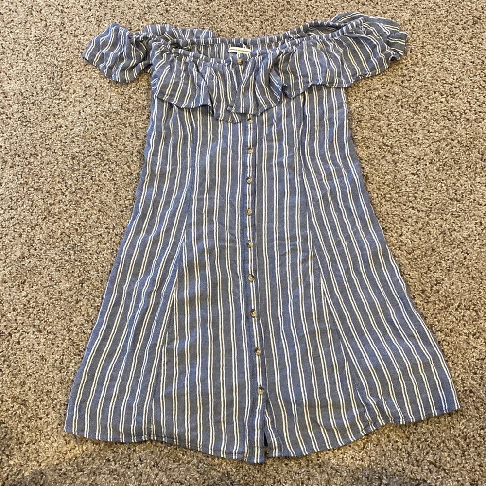 American Eagle Blue Striped Off the Shoulder Dress SZ L